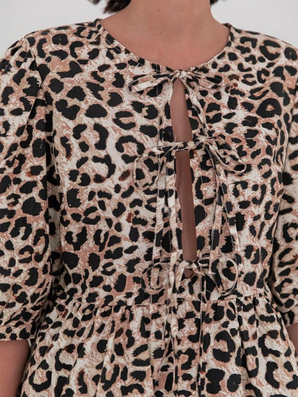 Blouses- Women's Leopard Print Puff Sleeves Peplum Blouse- Pattern4- Chuzko Women Clothing