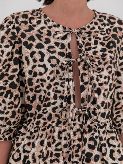 Blouses- Women's Leopard Print Puff Sleeves Peplum Blouse- Pattern4- Chuzko Women Clothing