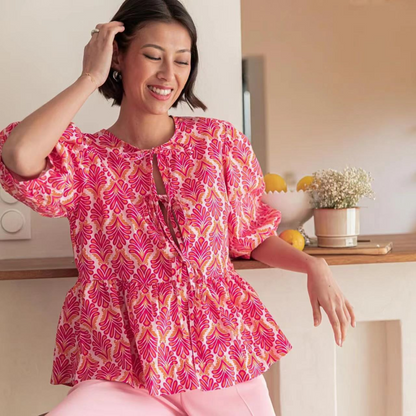 Blouses- Women's Leopard Print Puff Sleeves Peplum Blouse- Pattern3- Chuzko Women Clothing