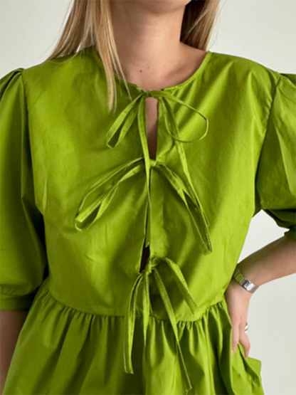 Blouses- Women's Leopard Print Puff Sleeves Peplum Blouse- Green- Chuzko Women Clothing