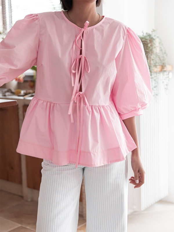 Blouses- Women's Leopard Print Puff Sleeves Peplum Blouse- Pink- Chuzko Women Clothing