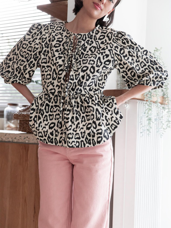 Blouses- Women's Leopard Print Puff Sleeves Peplum Blouse- - Chuzko Women Clothing
