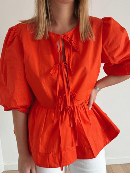 Blouses- Women's Leopard Print Puff Sleeves Peplum Blouse- Orange- Chuzko Women Clothing