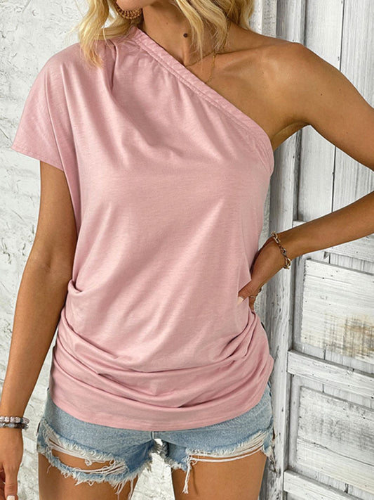 Blouses- Women's One Shoulder Blouse in Asymmetric Cut- Pink- Chuzko Women Clothing