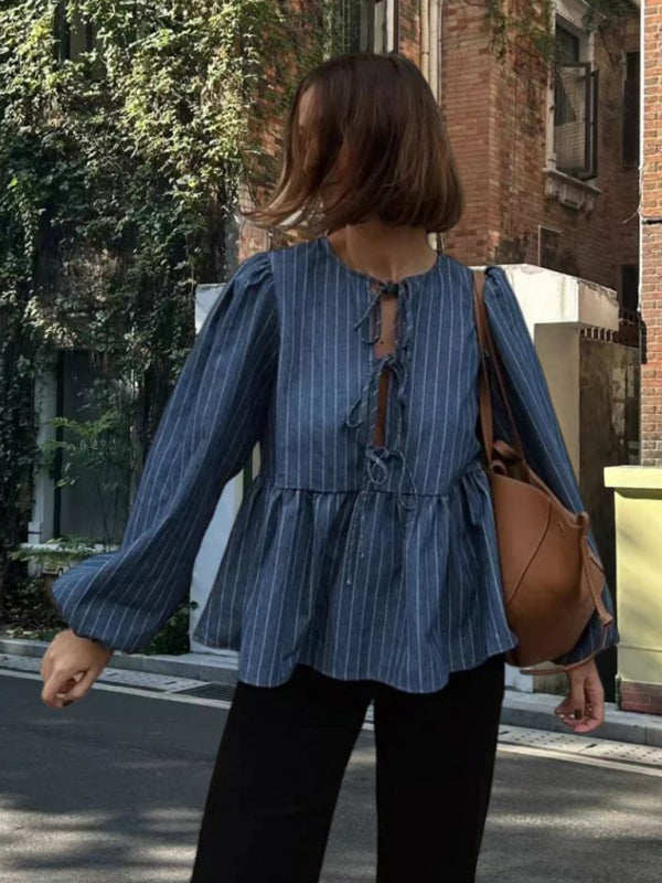 Women's Puff Long Sleeve Tie-Up Blouse in Stripes