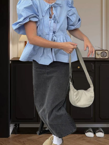 Bluse mit Puffärmeln und Bindedetail für Damen in Unifarben