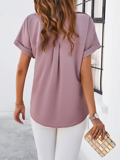 Women's Short Sleeve Shirt Blouse with Concealed Placket