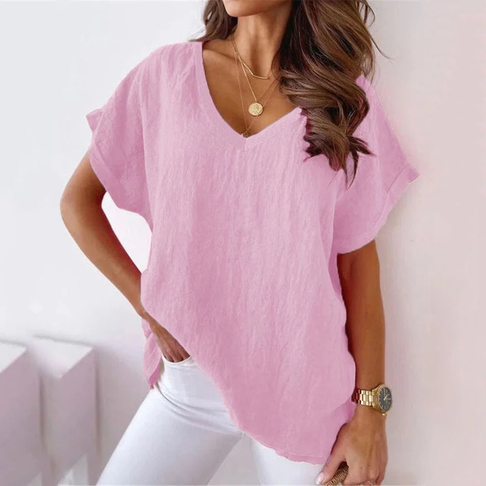 Blouses- Women's Solid Cotton V-Neck Blouse Top for Casual Outings- Pink- Chuzko Women Clothing