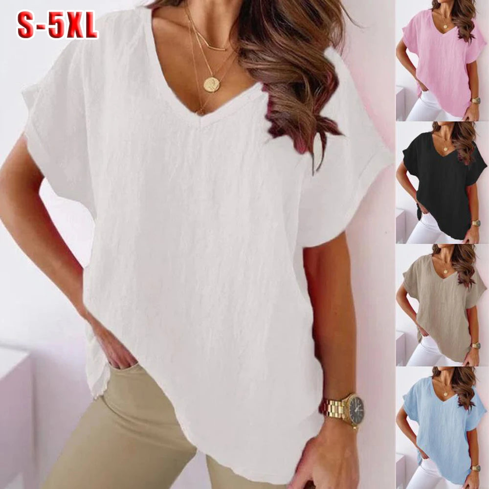 Blouses- Women's Solid Cotton V-Neck Blouse Top for Casual Outings- - Chuzko Women Clothing