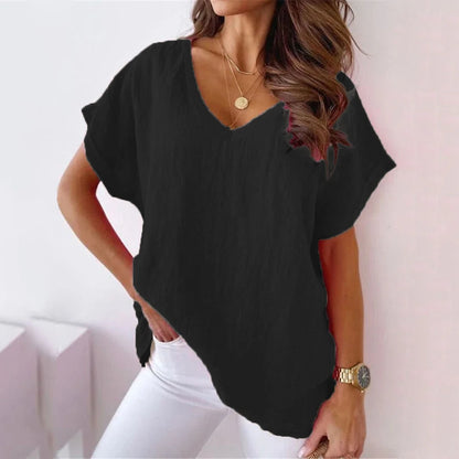 Blouses- Women's Solid Cotton V-Neck Blouse Top for Casual Outings- Black- Chuzko Women Clothing