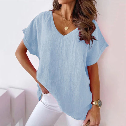 Blouses- Women's Solid Cotton V-Neck Blouse Top for Casual Outings- Blue- Chuzko Women Clothing