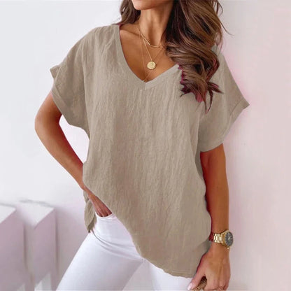 Blouses- Women's Solid Cotton V-Neck Blouse Top for Casual Outings- Khaki- Chuzko Women Clothing