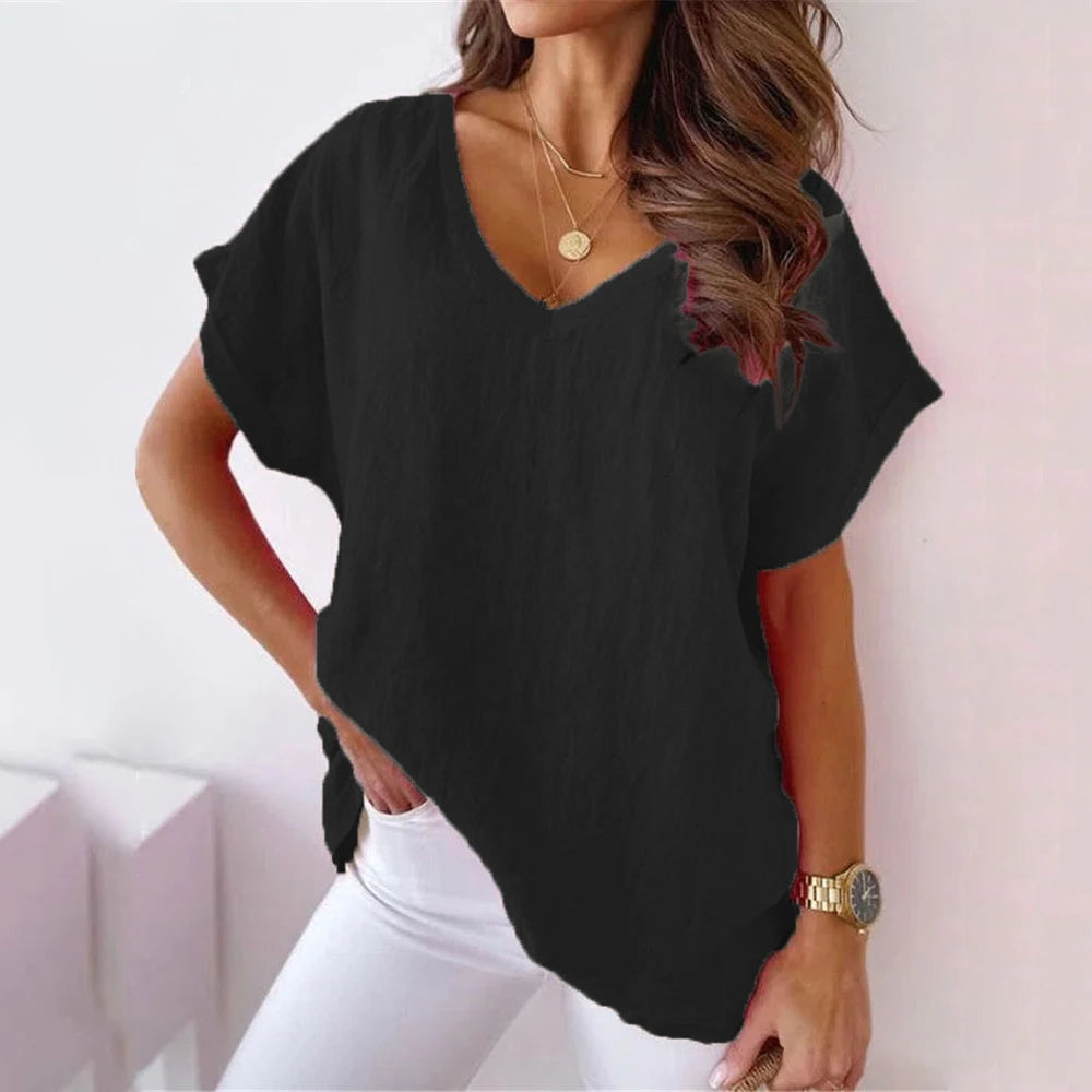Blouses- Women's Solid Cotton V-Neck Blouse Top for Casual Outings- - Chuzko Women Clothing