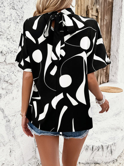 Women's Stand Collar Blouse with Abstract Print & Bowknot Back