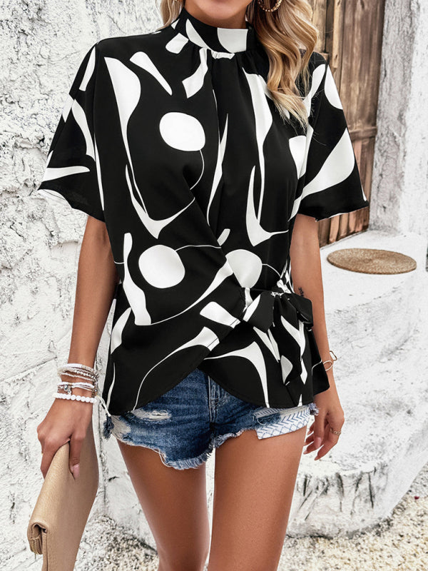 Women's Stand Collar Blouse with Abstract Print & Bowknot Back