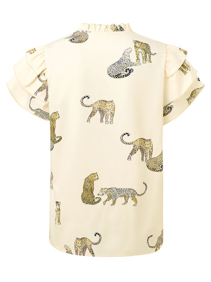 Women's Tiger Print V-Neck Frill Blouse with Layered Sleeves