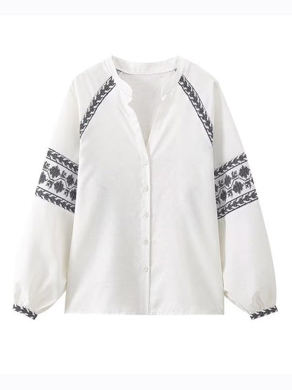 Blouses- Women's Tribal Linen Embroidered Blouse - Button-Up Shirt with Lantern Sleeves- - Chuzko Women Clothing