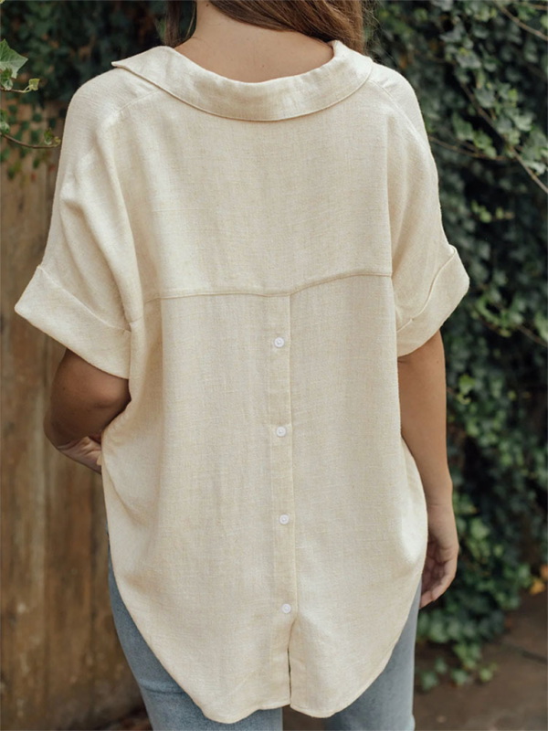 Blouses- Women's V-Neck Shirt Blouse in Solid Cotton Linen- - Chuzko Women Clothing
