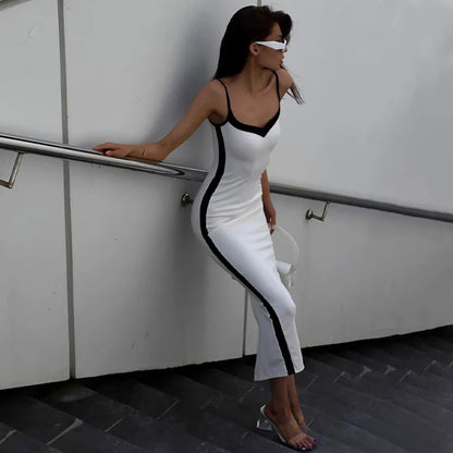 White V-Neck Dress with Side Stripe - Perfect for Casual Dates