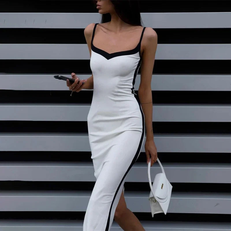 White V-Neck Dress with Side Stripe - Perfect for Casual Dates