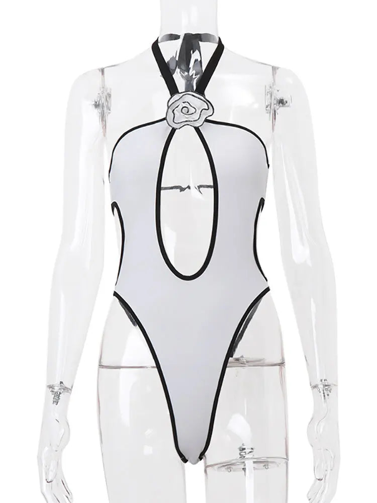 Bodysuits- Two-Tone Plunge Bodysuit for Nightclubs & Dance Parties- - Chuzko Women Clothing