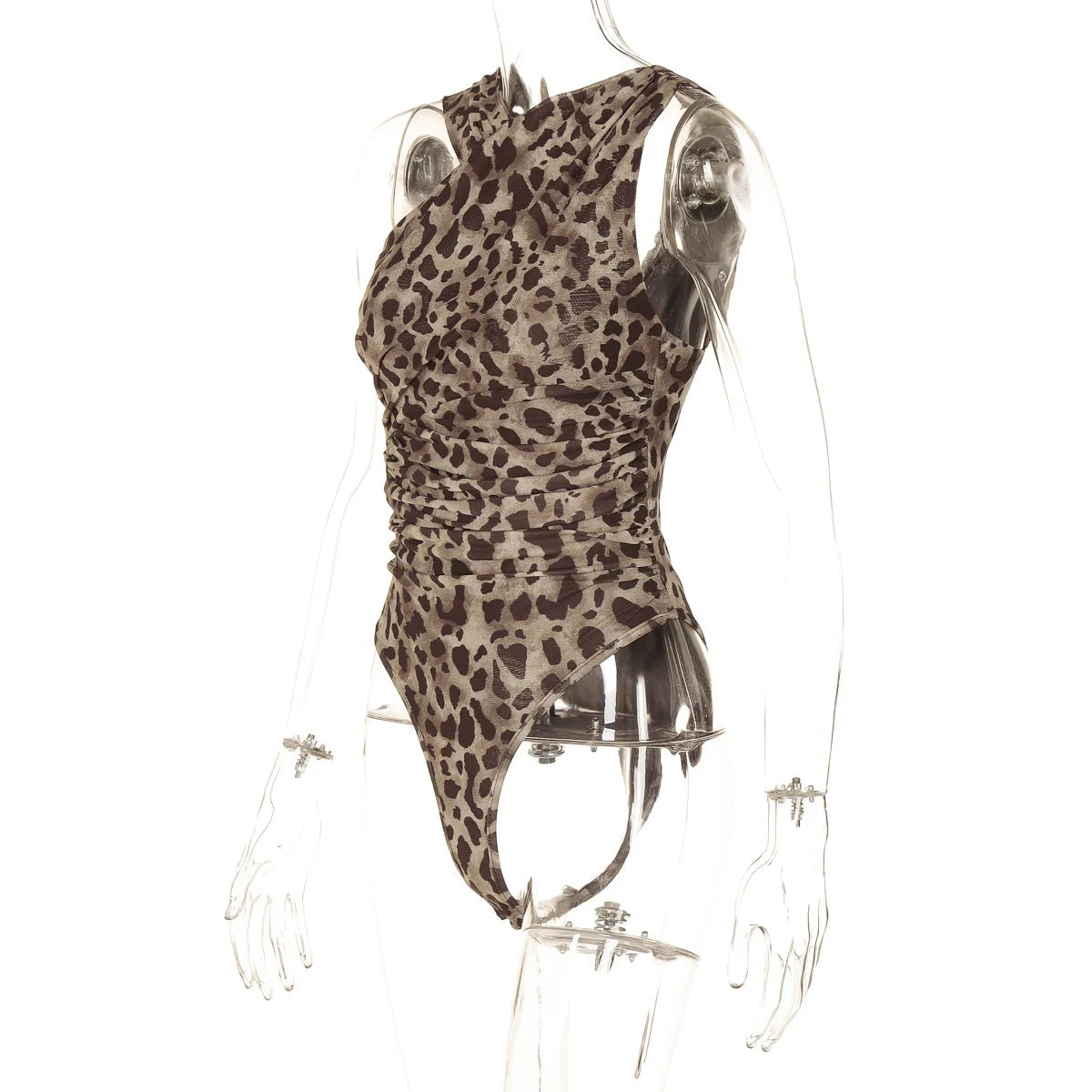 Bodysuits- Women Animal Print Ruched One-Shoulder Top Bodysuit- - Chuzko Women Clothing