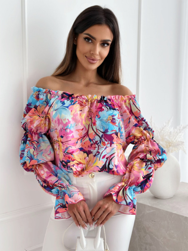 Boho Blouses- Floral Women's Off-Shoulder Blouse with Gathered Lantern Sleeves- Pattern- Chuzko Women Clothing