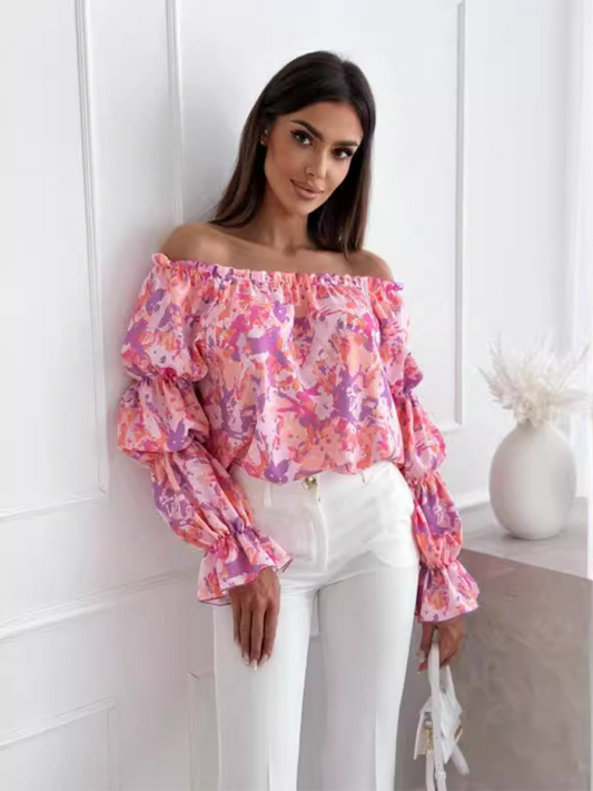 Boho Blouses- Floral Women's Off-Shoulder Blouse with Gathered Lantern Sleeves- Pink- Chuzko Women Clothing