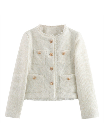 Bouclé Jackets- Elegant Bouclé Jacket – Your Go-To for Every Season- White- Chuzko Women Clothing