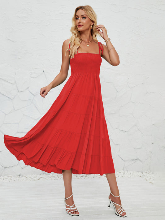 Cami Dresses- Boho Solid Women's Tie-Shoulder Smocked Bodice Midi Dress- Red- Chuzko Women Clothing