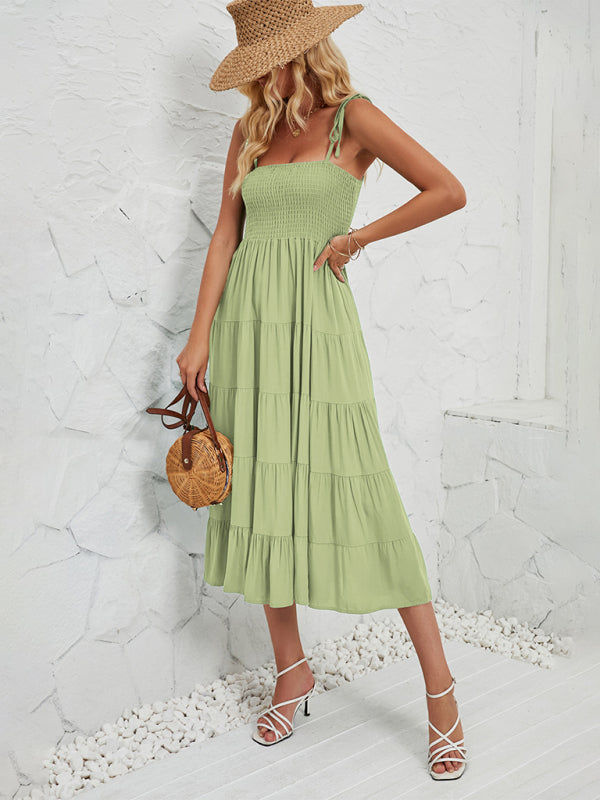 Cami Dresses- Boho Solid Women's Tie-Shoulder Smocked Bodice Midi Dress- Grass green- Chuzko Women Clothing