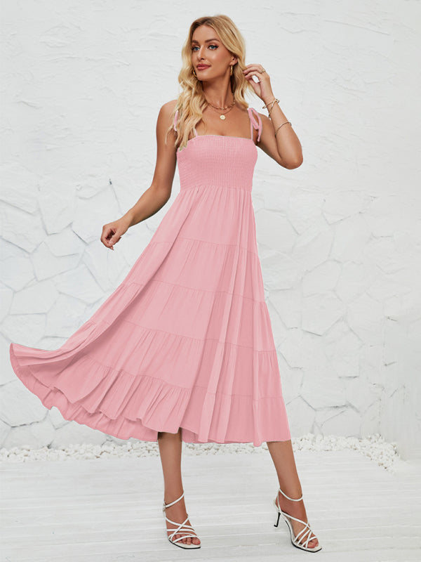 Cami Dresses- Boho Solid Women's Tie-Shoulder Smocked Bodice Midi Dress- Pink- Chuzko Women Clothing
