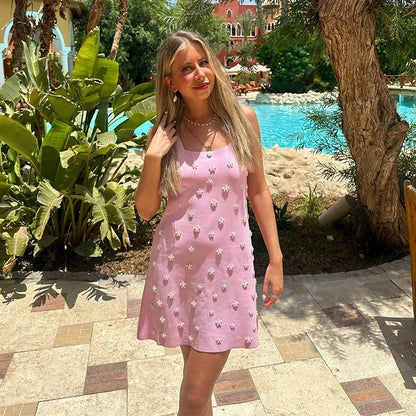 Cami Dresses- Floral Beaded Pearls Summer Sundress- - Chuzko Women Clothing