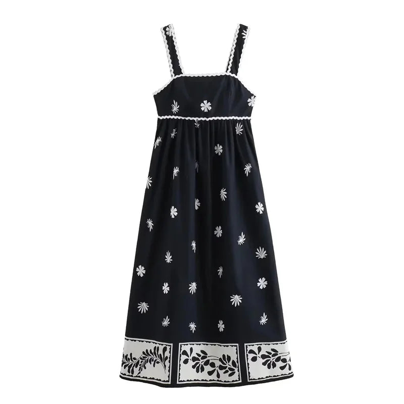 Cami Dresses- Floral Ric-Rac Trim Midi Dress for Summer Days- Black- Chuzko Women Clothing