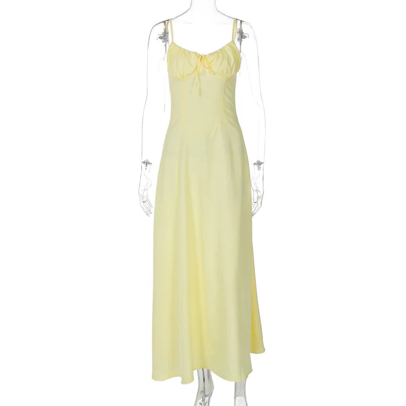 Cami Dresses- Pastel Yellow Maxi Dress for Elegant Daytime Events- M L S- Chuzko Women Clothing