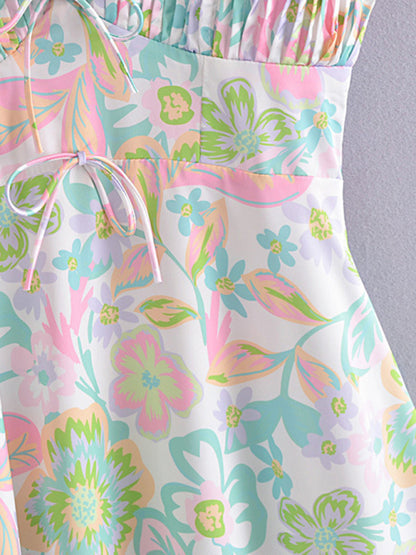 Robe d'été trapèze florale romantique - Robe caraco buste plissée