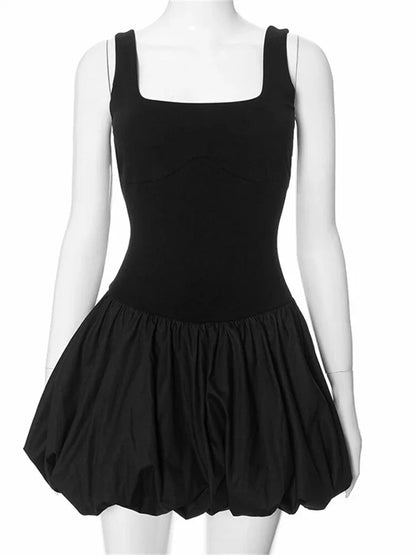 Solid Square Neck Fit & Flare Puff Mini Dress for Women