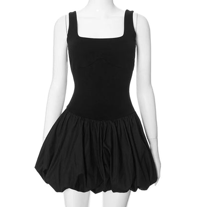 Solid Square Neck Fit & Flare Puff Mini Dress for Women