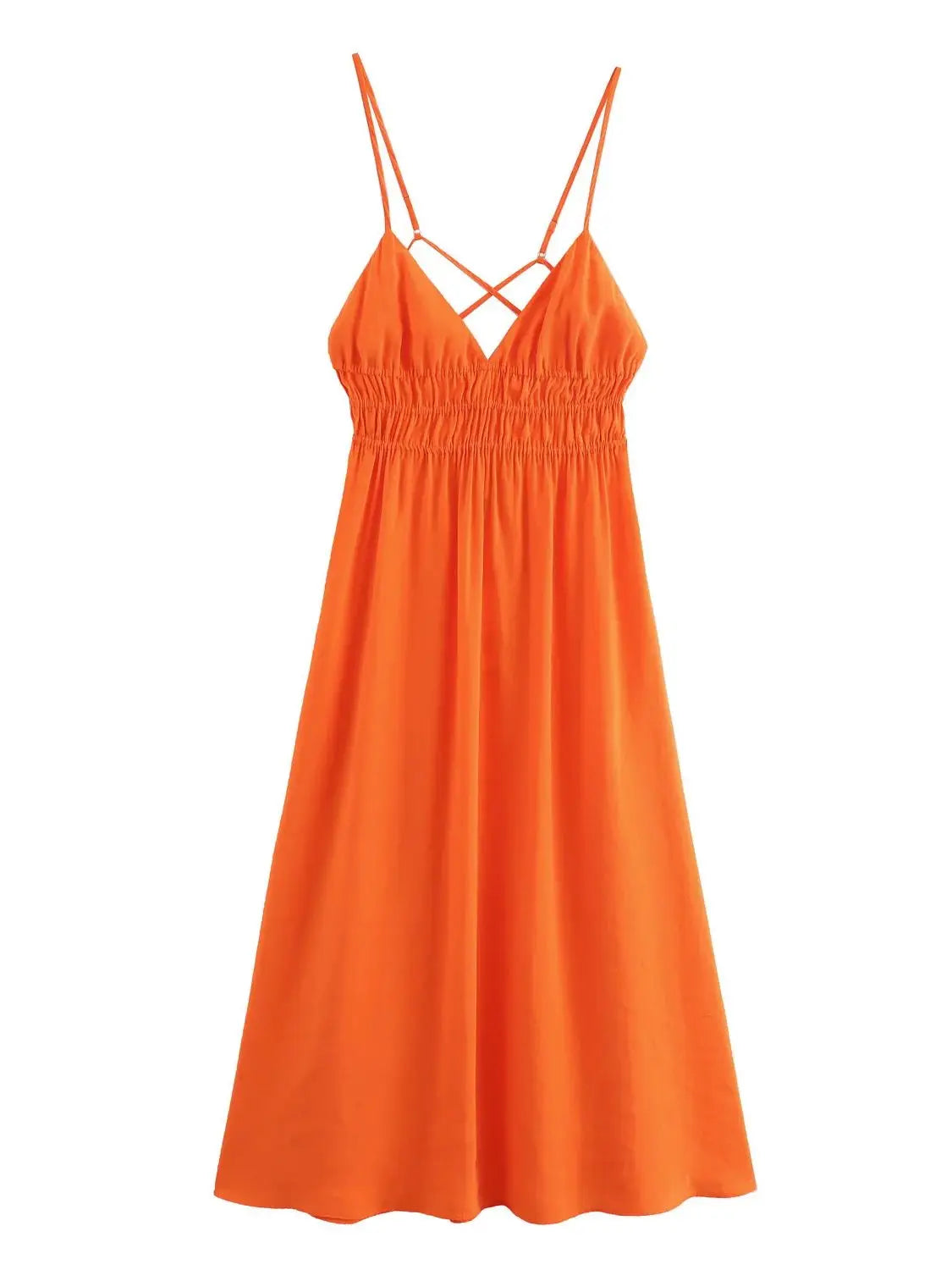 Cami Dresses- Solid Summer Ruched Waist Cami Dress- orange- Chuzko Women Clothing