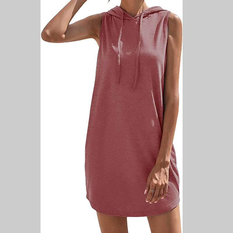 Cami Dresses- Sporty Chic Solid Color Sheath Dress with Tie-Neck & Drawstring Collar- Rouge Color- Chuzko Women Clothing