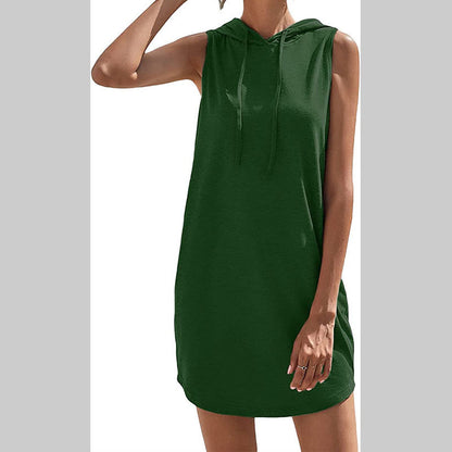 Cami Dresses- Sporty Chic Solid Color Sheath Dress with Tie-Neck & Drawstring Collar- Green- Chuzko Women Clothing