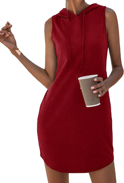 Cami Dresses- Sporty Chic Solid Color Sheath Dress with Tie-Neck & Drawstring Collar- Red- Chuzko Women Clothing