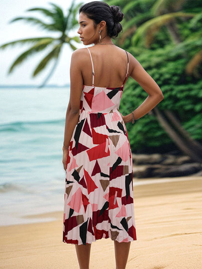 Cami Dresses- Summer Women's Geo Print A-Line Pleated Cami Midi Dress- - Chuzko Women Clothing