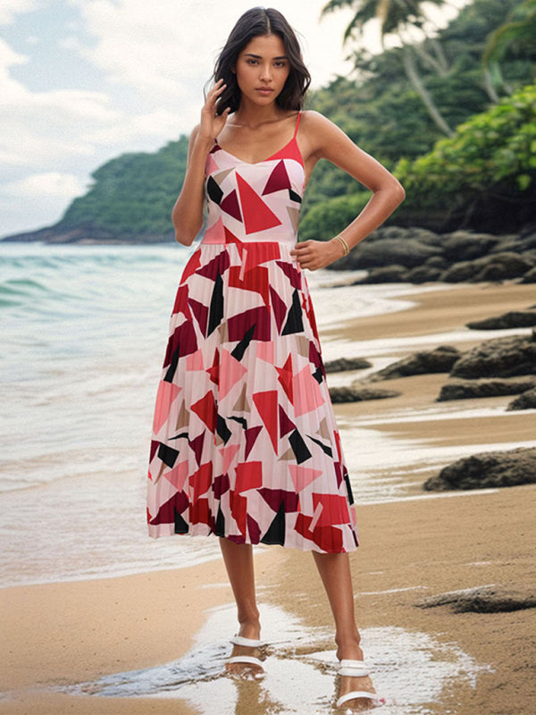 Cami Dresses- Summer Women's Geo Print A-Line Pleated Cami Midi Dress- - Chuzko Women Clothing