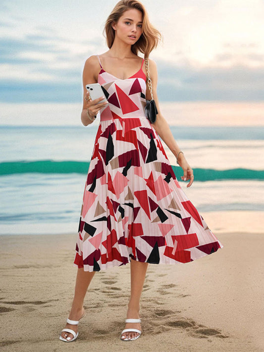 Cami Dresses- Summer Women's Geo Print A-Line Pleated Cami Midi Dress- Red- Chuzko Women Clothing