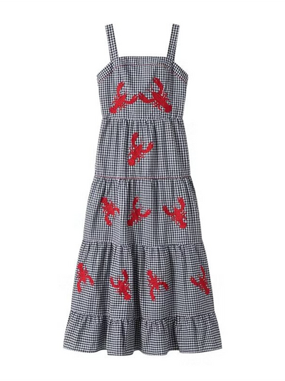 Cami Dresses- Women's Gingham Maxi Dress with Lobster Embroidery- - Chuzko Women Clothing