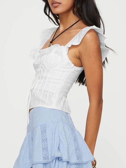 Lace Ruffles Sleeveless Blouse with Tie Front for Women