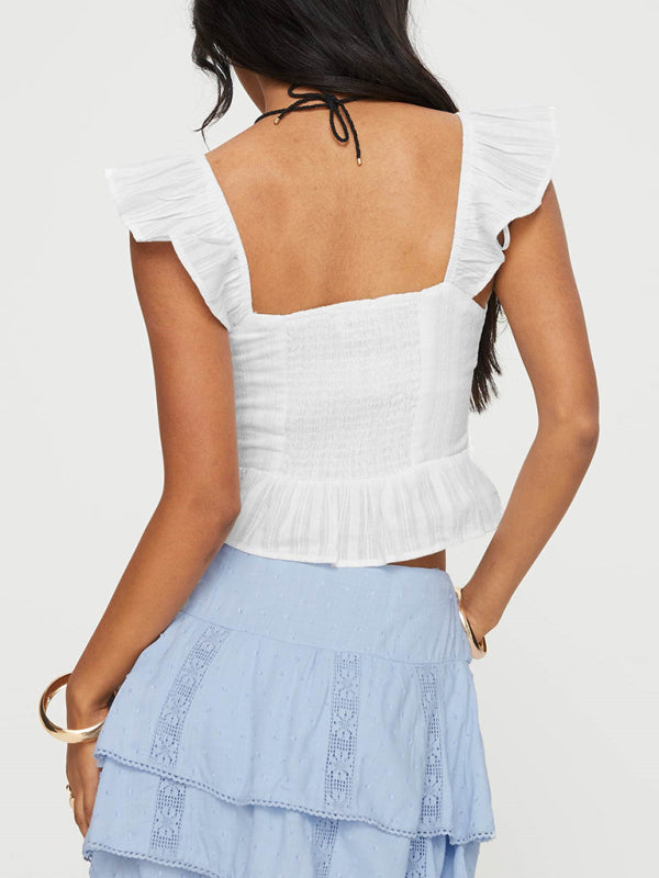 Lace Ruffles Sleeveless Blouse with Tie Front for Women
