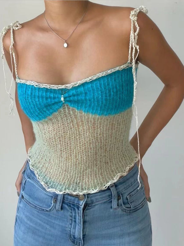 Cami Tops- Sheer Women's Contrast Bust Knit Cami Top- Blue- Chuzko Women Clothing