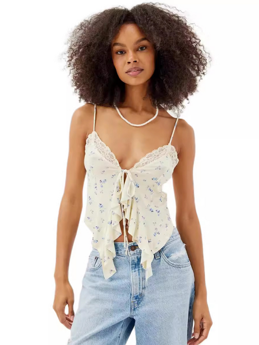 Romantic Floral Women's Summer Ruffle Cami Top with Lace Accents